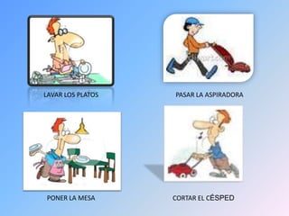 LAVAR LOS PLATOSPASAR LA ASPIRADORAPONER LA MESACORTAR EL CÉSPED