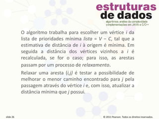 © 2011 Pearson Prentice Hall. Todos os direitos reservados.
slide 26 © 2011 Pearson Prentice Hall. Todos os direitos reservados.
slide 26 © 2011 Pearson Prentice Hall. Todos os direitos reservados.
slide 26 © 2011 Pearson Prentice Hall. Todos os direitos reservados.
slide 26
© 2011 Pearson. Todos os direitos reservados.
slide 26
O algoritmo trabalha para escolher um vértice i da
lista de prioridades mínima lista = V − C, tal que a
estimativa de distância de i à origem é mínima. Em
seguida a distância dos vértices vizinhos a i é
recalculada, se for o caso; para isso, as arestas
passam por um processo de relaxamento.
Relaxar uma aresta (i,j) é testar a possibilidade de
melhorar o menor caminho encontrado para j pela
passagem através do vértice i e, com isso, atualizar a
distância mínima que j possui.
 
