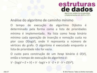 © 2011 Pearson Prentice Hall. Todos os direitos reservados.
slide 27 © 2011 Pearson Prentice Hall. Todos os direitos reservados.
slide 27 © 2011 Pearson Prentice Hall. Todos os direitos reservados.
slide 27 © 2011 Pearson Prentice Hall. Todos os direitos reservados.
slide 27
© 2011 Pearson. Todos os direitos reservados.
slide 27
Análise do algoritmo de caminho mínimo
O tempo de execução do algoritmo Dijkstra é
determinado pela forma como a lista de prioridades
mínima é implementada. Na lista como heap binário
mínimo cada operação de inserção e remoção custa no
pior caso O(logV), onde V representa o número de
vértices do grafo. O algoritmo é executado enquanto a
lista de prioridade não for vazia.
O custo para construção de um heap binário é O(V),
então o tempo de execução do algoritmo é:
V ⋅ (logV + E + V) = V ⋅ logV + V ⋅ E + V ⋅ V = O(V2).
 