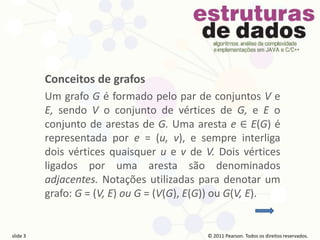 © 2011 Pearson Prentice Hall. Todos os direitos reservados.
slide 3 © 2011 Pearson Prentice Hall. Todos os direitos reservados.
slide 3 © 2011 Pearson Prentice Hall. Todos os direitos reservados.
slide 3 © 2011 Pearson Prentice Hall. Todos os direitos reservados.
slide 3
© 2011 Pearson. Todos os direitos reservados.
slide 3
Conceitos de grafos
Um grafo G é formado pelo par de conjuntos V e
E, sendo V o conjunto de vértices de G, e E o
conjunto de arestas de G. Uma aresta e ∈ E(G) é
representada por e = (u, v), e sempre interliga
dois vértices quaisquer u e v de V. Dois vértices
ligados por uma aresta são denominados
adjacentes. Notações utilizadas para denotar um
grafo: G = (V, E) ou G = (V(G), E(G)) ou G(V, E).
 
