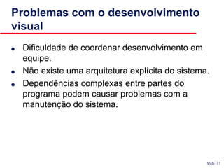Slide 37
Problemas com o desenvolvimento
visual
● Dificuldade de coordenar desenvolvimento em
equipe.
● Não existe uma arquitetura explícita do sistema.
● Dependências complexas entre partes do
programa podem causar problemas com a
manutenção do sistema.
 