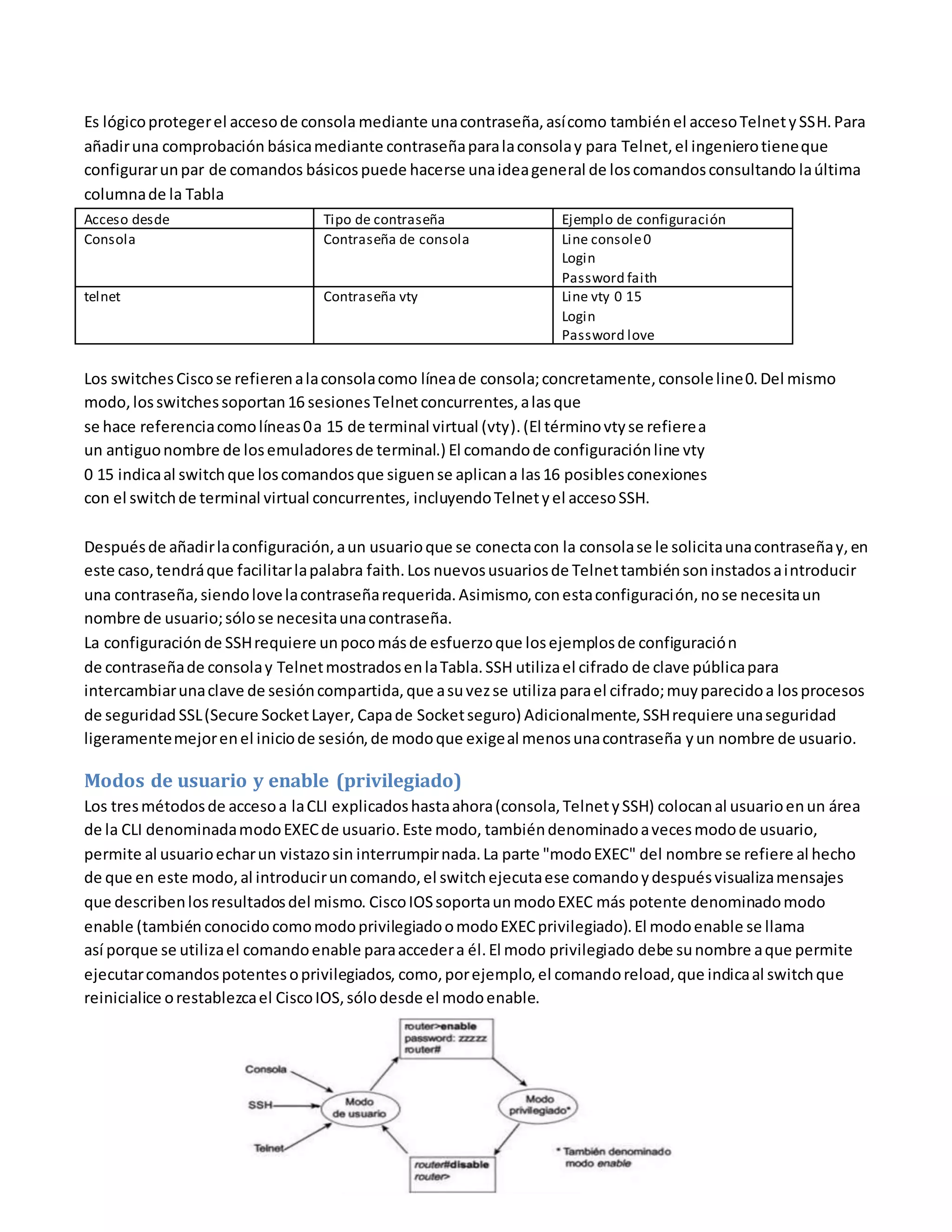 Es lógicoprotegerel accesode consola mediante unacontraseña,asícomo tambiénel accesoTelnetySSH.Para
añadiruna comprobación básicamediante contraseñaparalaconsolay para Telnet,el ingenierotieneque
configurarunpar de comandos básicospuede hacerse unaideageneral de loscomandosconsultando laúltima
columnade la Tabla
Acceso desde Tipo de contraseña Ejemplo de configuración
Consola Contraseña de consola Line console0
Login
Password faith
telnet Contraseña vty Line vty 0 15
Login
Password love
Los switchesCiscose refierenalaconsolacomo líneade consola;concretamente,consoleline0.Del mismo
modo,losswitchessoportan16 sesionesTelnetconcurrentes,alasque
se hace referenciacomolíneas0a 15 de terminal virtual (vty).(El términovtyse refierea
un antiguonombre de losemuladoresde terminal.) El comandode configuraciónline vty
0 15 indicaal switchque loscomandosque siguense aplicana las16 posiblesconexiones
con el switchde terminal virtual concurrentes, incluyendoTelnetyel accesoSSH.
Despuésde añadirlaconfiguración,aun usuarioque se conectacon la consolase le solicitaunacontraseñay,en
este caso,tendráque facilitarlapalabra faith.Los nuevosusuariosde Telnettambiénsoninstadosaintroducir
una contraseña,siendolovelacontraseñarequerida.Asimismo,conestaconfiguración,nose necesitaun
nombre de usuario;sólose necesitaunacontraseña.
La configuraciónde SSHrequiere unpocomásde esfuerzoque losejemplosde configuración
de contraseñade consolay TelnetmostradosenlaTabla.SSH utilizael cifrado de clave públicapara
intercambiarunaclave de sesióncompartida,que asuvezse utiliza parael cifrado;muyparecidoa losprocesos
de seguridad SSL(Secure SocketLayer, Capade Socketseguro) Adicionalmente,SSHrequiere unaseguridad
ligeramentemejorenel iniciode sesión,de modoque exigeal menosunacontraseña yun nombre de usuario.
Modos de usuario y enable (privilegiado)
Los tresmétodosde accesoa laCLI explicadoshastaahora(consola,TelnetySSH) colocanal usuarioenun área
de la CLI denominadamodoEXECde usuario.Este modo, tambiéndenominadoavecesmodode usuario,
permite al usuarioecharun vistazosin interrumpirnada.La parte "modoEXEC" del nombre se refiere al hecho
de que en este modo,al introduciruncomando,el switchejecutaese comandoydespuésvisualizamensajes
que describenlosresultadosdel mismo. CiscoIOSsoportaunmodoEXEC más potente denominadomodo
enable (también conocido comomodoprivilegiadoomodoEXECprivilegiado).El modoenable se llama
así porque se utilizael comandoenable paraaccedera él.El modo privilegiado debe sunombre aque permite
ejecutarcomandospotentesoprivilegiados, como,porejemplo,el comandoreload,que indicaal switchque
reinicialice orestablezcael CiscoIOS,sólodesde el modoenable.
 