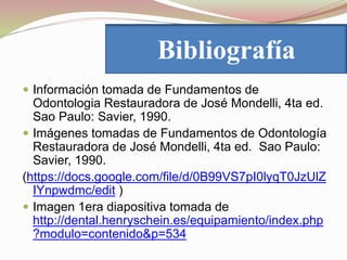 Bibliografía 
 Información tomada de Fundamentos de 
Odontologia Restauradora de José Mondelli, 4ta ed. 
Sao Paulo: Savier, 1990. 
 Imágenes tomadas de Fundamentos de Odontología 
Restauradora de José Mondelli, 4ta ed. Sao Paulo: 
Savier, 1990. 
(https://docs.google.com/file/d/0B99VS7pI0lyqT0JzUlZ 
IYnpwdmc/edit ) 
 Imagen 1era diapositiva tomada de 
http://dental.henryschein.es/equipamiento/index.php 
?modulo=contenido&p=534 
 