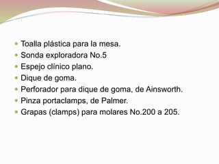  Toalla plástica para la mesa. 
 Sonda exploradora No.5 
 Espejo clínico plano. 
 Dique de goma. 
 Perforador para dique de goma, de Ainsworth. 
 Pinza portaclamps, de Palmer. 
 Grapas (clamps) para molares No.200 a 205. 
 