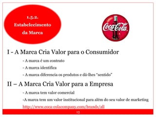 13
1.5.2.
Estabelecimento
da Marca
I - A Marca Cria Valor para o Consumidor
- A marca é um contrato
- A marca identifica
- A marca diferencia os produtos e dá-lhes “sentido”
II – A Marca Cria Valor para a Empresa
- A marca tem valor comercial
-A marca tem um valor institucional para além do seu valor de marketing
http://www.coca-colacompany.com/brands/all
 