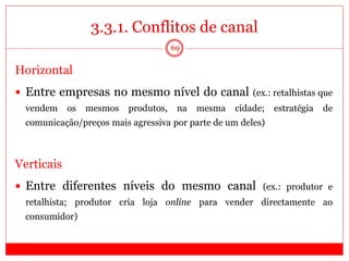 3.3.1. Conflitos de canal
69
Horizontal
 Entre empresas no mesmo nível do canal (ex.: retalhistas que
vendem os mesmos produtos, na mesma cidade; estratégia de
comunicação/preços mais agressiva por parte de um deles)
Verticais
 Entre diferentes níveis do mesmo canal (ex.: produtor e
retalhista; produtor cria loja online para vender directamente ao
consumidor)
 