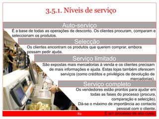 82
Auto-serviço
É a base de todas as operações de desconto. Os clientes procuram, comparam e
seleccionam os produtos.
Selecção
Os clientes encontram os produtos que querem comprar, embora
possam pedir ajuda.
Serviço limitado
São expostas mais mercadorias à venda e os clientes precisam
de mais informações e ajuda. Estas lojas também oferecem
serviços (como créditos e privilégios de devolução de
mercadorias).
Serviço completo
Os vendedores estão prontos para ajudar em
todas as fases do processo (procura,
comparação e selecção).
Dá-se o máximo de importância ao contacto
pessoal com o cliente.
É um processo de alto custo.
3.5.1. Níveis de serviço
 