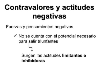 Contravalores y actitudes
negativas
Fuerzas y pensamientos negativos
 No se cuenta con el potencial necesario
para salir triunfantes
Surgen las actitudes limitantes e
inhibidoras
 