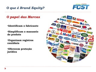 O que é Brand Equity?
O papel das Marcas
•Identificam o fabricante
•Simplificam o manuseio
do produto
•Organizam registros
contábeis
•Oferecem proteção
jurídica
 