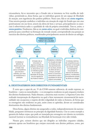 186
NATHALIA MASSON
circunstância, faz-se necessário que o Estado não se intrometa na livre escolha do indi-
víduo, permitindo-se, dessa forma, que os indivíduos gozem de um espaço de liberdade
de atuação, sem ingerências dos poderes públicos. Nesse caso, fala-se em status negativo.
Uma terceira posição estabelece o indivíduo em situação de exigir do Estado que este atue
positivamente em seu favor, através da oferta de bens e serviços, principalmente os essen-
ciais à sobrevivência sadia e a qualidade de vida da própria comunidade. Tem-se, assim, o
status positivo. Finalmente, fala-se em status ativo, no qual o indivíduo desfruta de com-
petências para contribuir na formação da vontade estatal, correspondendo essa posição ao
exercício dos direitos políticos, manifestados principalmente através do direito ao sufrágio.
6. DESTINATÁRIOS DOS DIREITOS FUNDAMENTAIS
É certo que o caput do art. 5º da CF/88 somente referencia, de modo expresso, os
brasileiros – natos ou naturalizados – e os estrangeiros residentes no país enquanto titulares
dos direitos fundamentais. Nada obstante, a doutrina mais recente e a Suprema Corte têm
realizado interpretação do dispositivo na qual o fator meramente circunstancial da nacio-
nalidade não excepciona o respeito devido à dignidade de todos os homens, de forma que
os estrangeiros não residentes no país, assim como os apátridas, devam ser considerados
destinatários dos direitos fundamentais.
Desta forma, alguns direitos são assegurados a todos, independentemente da naciona-
lidade, porquanto intrínsecos ao princípio da dignidade humana. Cite-se como exemplo a
garantia do habeas corpus, que pode ser manejada por estrangeiro em trânsito no território
nacional (turista) se eventualmente sua liberdade de locomoção tiver sido violada.
Noutro giro, existem direitos que são dirigidos ao indivíduo enquanto cidadão,
portanto apenas aos brasileiros que estejam exercendo seus direitos políticos, como, por
 