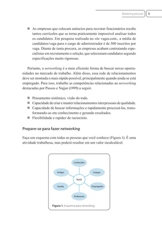  As empresas que colocam anúncios para recrutar funcionários recebe
tantos currículos que se torna praticamente impossível analisar todos
os candidatos. Em pesquisa realizada no site vagas.com., a média de
candidatos/vaga para o cargo de administrador é de 500 inscritos por
vaga. Diante de tanta procura, as empresas acabam contratando espe-
cialistas em recrutamento e seleção, que selecionam candidatos segundo
especificações muito rigorosas.
Portanto, o networking é a mais eficiente forma de buscar novas oportu-
nidades no mercado de trabalho. Além disso, essa rede de relacionamentos
deve ser montada o mais rápido possível, principalmente quando ainda se está
empregado. Para isso, trabalhe as competências relacionadas ao networking
destacadas por Passos e Najjar (1999) a seguir.
 Pensamento sistêmico, visão do todo.
 Capacidade de criar e manter relacionamentos interpessoais de qualidade.
 Capacidade de buscar informações e rapidamente processá-las, trans-
formando-as em conhecimento e gerando resultados.
 Flexibilidade e rapidez de raciocínio.
Prepare-se para fazer networking
Faça um esquema com todas as pessoas que você conhece (Figura 1). É uma
atividade trabalhosa, mas poderá resultar em um valor incalculável.
Figura 1. Esquema para networking.
5
Marketing pessoal
 