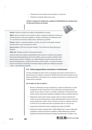 Conheça o Programa de melhoria das condições de habitabilidade das moradias desen-
                                 volvidos pela Prefeitura de Salvador.




 Salvador: Programa melhoria das condições de habitabilidade das moradias.
Salvador: Programa dede melhoria das condições de habitabilidade das moradias.
 Objetivo: Apoio construção de novas moradias ou reforma e ampliação de habitações já existentes
Objetivo: Apoio àà construção de novas moradias ou reforma e ampliação de habitações já existentes por
 iniciativa do próprio morador, para requalificar as moradias, principalmente em assentamentos precá-
por iniciativa do próprio morador, para requalificar as moradias, principalmente em assentamentos
precários, como formaincorporá-las à cidade existente, melhorando sua sua qualidade.
 rios, como forma de de incorporá-las à cidade existente, melhorando qualidade.

 Promotor: Morador ou organizações públicas não estatais, com auxílio do poder público municipal
Promotor: Morador ou organizações públicas não estatais, com auxílio do poder público municipal
(assessoria técnica e acesso aos programas de crédito).

 Fonte de recursos
Fonte de recursos: FGTS (Carta de Crédito Individual – Cesta de Materiais); Fundo Municipal de
Habitação.
 Habitação.
Público alvo: População moradora em assentamentos precários.
 Público alvo: População moradora em assentamentos precários.

Projetos de melhoria das condições de habitabilidade tiveram como foco as moradias em áreas públi-
 Projetos de melhoria das condições de habitabilidade tiveram como foco as moradias em áreas públicas.
cas. Foram desenvolvidos principalmente pelo Escritório Público, que proveu assistência individual à
elaboraçãoprojetos de reforma e ampliação, como também introduziu a assistência técnica coletiva para
  ração de de projetos de reforma e ampliação, como também introduziu a assistência técnica coletiva
para áreas de habitações precárias, a exemplo de Mata Escura e de Praia Grande. A construção de
sanitários, com recursos daeFunasa, e dos Centros de Convivênciaàvisaram à das condições condições de
 com recursos da Funasa, dos Centros de Convivência visaram melhoria melhoria das de saneamento
saneamento e saúde e o desenvolvimento comunitário.
 e saúde e o desenvolvimento comunitário.

                                 íòì ó Ô·²¸¿- °®±¹®¿³?¬·½¿- ²±®³¿¬·ª¿- » ·²-¬·¬«½·±²¿·-

                                 Na etapa ‘Estratégias de Ações’ devem ser apontadas quais ações e projetos devem ser
                                 desenvolvidos para viabilizar a execução do PLHIS. Estas ações devem responder aos pro-
                                 blemas identificados e relacionados com as condições institucionais e normativas do setor
                                 habitacional no município.


                                 São exemplos de ações ou projetos:



                                        de legislação do tipo: Plano Diretor, Lei de ZEIS (Zonas de Especial Interesse
                                        Social), Lei que institui o Fundo e o Conselho de Habitação ou Desenvolvimento
                                        Urbano, Planos setoriais (área ambiental, mobilidade urbana, patrimônio histórico).


                                        criação de estrutura administrativa ou ainda disponibilização de técnicos para tratar
                                        da área habitacional e urbana. Trata-se inclusive de avaliar ou implantar estruturas
                                        de Defesa Civil em cidades onde parte da população more em áreas de risco.




                                        de pesquisas e estudos para levantar ou qualificar o déficit habitacional ou perfil da
                                        população que demanda atendimento por programas habitacionais. Exemplos: censo


                                                                                                                Ó·²·-¬7®·± ¼¿- Ý·¼¿¼»-
ß«´¿ ðè                     ïèê                                                                  Ó·²·-¬7®·± ¼¿- Ý·¼¿¼»-
 