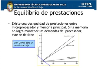 Equilibrio de prestaciones Existe una desigualdad de prestaciones entre microprocesador y memoria principal. Si la memoria no logra mantener las demandas del procesador, este se detiene 