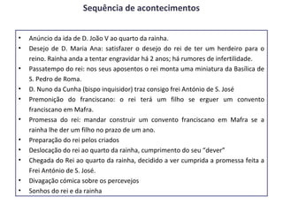 Sequência de acontecimentos


•   Anúncio da ida de D. João V ao quarto da rainha.
•   Desejo de D. Maria Ana: satisfazer o desejo do rei de ter um herdeiro para o
    reino. Rainha anda a tentar engravidar há 2 anos; há rumores de infertilidade.
•   Passatempo do rei: nos seus aposentos o rei monta uma miniatura da Basílica de
    S. Pedro de Roma.
•   D. Nuno da Cunha (bispo inquisidor) traz consigo frei António de S. José
•   Premonição do franciscano: o rei terá um filho se erguer um convento
    franciscano em Mafra.
•   Promessa do rei: mandar construir um convento franciscano em Mafra se a
    rainha lhe der um filho no prazo de um ano.
•   Preparação do rei pelos criados
•   Deslocação do rei ao quarto da rainha, cumprimento do seu “dever”
•   Chegada do Rei ao quarto da rainha, decidido a ver cumprida a promessa feita a
    Frei António de S. José.
•   Divagação cómica sobre os percevejos
•   Sonhos do rei e da rainha
 