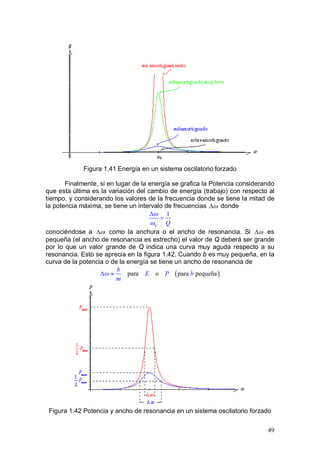 49
Figura 1.41 Energía en un sistema oscilatorio forzado
Finalmente, si en lugar de la energía se grafica la Potencia considerando
que esta última es la variación del cambio de energía (trabajo) con respecto al
tiempo, y considerando los valores de la frecuencia donde se tiene la mitad de
la potencia máxima, se tiene un intervalo de frecuencias ω∆ donde
0
1
Q
ω
ω
∆
=
conociéndose a ω∆ como la anchura o el ancho de resonancia. Si ω∆ es
pequeña (el ancho de resonancia es estrecho) el valor de Q deberá ser grande
por lo que un valor grande de Q indica una curva muy aguda respecto a su
resonancia. Esto se aprecia en la figura 1.42. Cuando b es muy pequeña, en la
curva de la potencia o de la energía se tiene un ancho de resonancia de
( )para o para pequeña
b
E P b
m
ω∆ ≈
Figura 1.42 Potencia y ancho de resonancia en un sistema oscilatorio forzado
 
