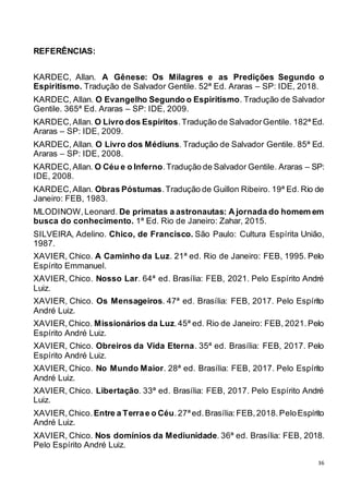 36
REFERÊNCIAS:
KARDEC, Allan. A Gênese: Os Milagres e as Predições Segundo o
Espiritismo. Tradução de Salvador Gentile. 52ª Ed. Araras – SP: IDE, 2018.
KARDEC, Allan. O Evangelho Segundo o Espiritismo. Tradução de Salvador
Gentile. 365ª Ed. Araras – SP: IDE, 2009.
KARDEC,Allan. O Livro dos Espíritos.Tradução de SalvadorGentile. 182ª Ed.
Araras – SP: IDE, 2009.
KARDEC, Allan. O Livro dos Médiuns. Tradução de Salvador Gentile. 85ª Ed.
Araras – SP: IDE, 2008.
KARDEC,Allan. O Céu e o Inferno.Tradução de Salvador Gentile. Araras – SP:
IDE, 2008.
KARDEC,Allan. Obras Póstumas.Tradução de Guillon Ribeiro. 19ª Ed. Rio de
Janeiro: FEB, 1983.
MLODINOW,Leonard. De primatas a astronautas: A jornada do homem em
busca do conhecimento. 1ª Ed. Rio de Janeiro: Zahar, 2015.
SILVEIRA, Adelino. Chico, de Francisco. São Paulo: Cultura Espírita União,
1987.
XAVIER, Chico. A Caminho da Luz. 21ª ed. Rio de Janeiro: FEB, 1995. Pelo
Espírito Emmanuel.
XAVIER, Chico. Nosso Lar. 64ª ed. Brasília: FEB, 2021. Pelo Espírito André
Luiz.
XAVIER, Chico. Os Mensageiros. 47ª ed. Brasília: FEB, 2017. Pelo Espírito
André Luiz.
XAVIER,Chico. Missionários da Luz.45ª ed. Rio de Janeiro: FEB, 2021.Pelo
Espírito André Luiz.
XAVIER, Chico. Obreiros da Vida Eterna. 35ª ed. Brasília: FEB, 2017. Pelo
Espírito André Luiz.
XAVIER, Chico. No Mundo Maior. 28ª ed. Brasília: FEB, 2017. Pelo Espírito
André Luiz.
XAVIER, Chico. Libertação. 33ª ed. Brasília: FEB, 2017. Pelo Espírito André
Luiz.
XAVIER,Chico. Entre a Terrae o Céu.27ª ed.Brasília:FEB,2018.PeloEspírito
André Luiz.
XAVIER, Chico. Nos domínios da Mediunidade. 36ª ed. Brasília: FEB, 2018.
Pelo Espírito André Luiz.
 