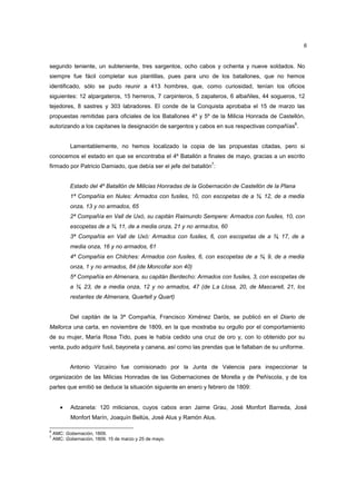 6

segundo teniente, un subteniente, tres sargentos, ocho cabos y ochenta y nueve soldados. No
siempre fue fácil completar sus plantillas, pues para uno de los batallones, que no hemos
identificado, sólo se pudo reunir a 413 hombres, que, como curiosidad, tenían los oficios
siguientes: 12 alpargateros, 15 herreros, 7 carpinteros, 5 zapateros, 6 albañiles, 44 sogueros, 12
tejedores, 8 sastres y 303 labradores. El conde de la Conquista aprobaba el 15 de marzo las
propuestas remitidas para oficiales de los Batallones 4º y 5º de la Milicia Honrada de Castellón,
6

autorizando a los capitanes la designación de sargentos y cabos en sus respectivas compañías .

Lamentablemente, no hemos localizado la copia de las propuestas citadas, pero si
conocemos el estado en que se encontraba el 4º Batallón a finales de mayo, gracias a un escrito
7

firmado por Patricio Damiado, que debía ser el jefe del batallón :

Estado del 4º Batallón de Milicias Honradas de la Gobernación de Castellón de la Plana
1ª Compañía en Nules: Armados con fusiles, 10, con escopetas de a ¾, 12, de a media
onza, 13 y no armados, 65
2ª Compañía en Vall de Uxó, su capitán Raimundo Sempere: Armados con fusiles, 10, con
escopetas de a ¾, 11, de a media onza, 21 y no arma dos, 60
3ª Compañía en Vall de Uxó: Armados con fusiles, 6, con escopetas de a ¾, 17, de a
media onza, 16 y no armados, 61
4ª Compañía en Chilches: Armados con fusiles, 6, con escopetas de a ¾, 9, de a media
onza, 1 y no armados, 84 (de Moncofar son 40)
5ª Compañía en Almenara, su capitán Berdecho: Armados con fusiles, 3, con escopetas de
a ¾, 23, de a media onza, 12 y no armados, 47 (de L a Llosa, 20, de Mascarell, 21, los
restantes de Almenara, Quartell y Quart)

Del capitán de la 3ª Compañía, Francisco Ximénez Darós, se publicó en el Diario de
Mallorca una carta, en noviembre de 1809, en la que mostraba su orgullo por el comportamiento
de su mujer, María Rosa Tido, pues le había cedido una cruz de oro y, con lo obtenido por su
venta, pudo adquirir fusil, bayoneta y canana, así como las prendas que le faltaban de su uniforme.

Antonio Vizcaíno fue comisionado por la Junta de Valencia para inspeccionar la
organización de las Milicias Honradas de las Gobernaciones de Morella y de Peñíscola, y de los
partes que emitió se deduce la situación siguiente en enero y febrero de 1809:
•

Adzaneta: 120 milicianos, cuyos cabos eran Jaime Grau, José Monfort Barreda, José
Monfort Marín, Joaquín Bellús, José Alus y Ramón Alus.

6
7

AMC: Gobernación, 1809.
AMC: Gobernación, 1809. 15 de marzo y 25 de mayo.

 
