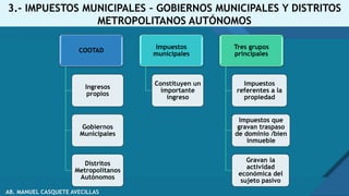 Haga clic para modificar el estilo de título del patrón
16
3.- IMPUESTOS MUNICIPALES – GOBIERNOS MUNICIPALES Y DISTRITOS
METROPOLITANOS AUTÓNOMOS
COOTAD
Ingresos
propios
Gobiernos
Municipales
Distritos
Metropolitanos
Autónomos
Impuestos
municipales
Constituyen un
importante
ingreso
Tres grupos
principales
Impuestos
referentes a la
propiedad
Impuestos que
gravan traspaso
de dominio /bien
inmueble
Gravan la
actividad
económica del
sujeto pasivo
AB. MANUEL CASQUETE AVECILLAS
 