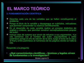 EL MARCO TEÓRICO
3. FUNDAMENTACIÓN CIENTÍFICA
 Describa cada una de las variables que se hallan constituyendo el
problema.
 Ponga el título de la variable y desagregue en subtítulos, indicadores
que permitan comprender su esencia científicamente.
 En el desarrollo de cada variable realice un proceso dialéctico de
análisis y síntesis, que permitan construir conceptualizaciones propias
del autor.
 Incluya citas de autores que sirvan de refuerzo a sus argumentos. <La
cita comience con el nombre del autor, seguidamente y entre
paréntesis ponga el año de edición de la obra, luego el texto de la cita y
al final y entre paréntesis el número(s) de las páginas donde se halla la
cita.
Responde a la pregunta:
• ¿Qué conocimientos científicos – técnicos y legales sirven
de fundamentos a la investigación?
Moises Logrono G 10
 