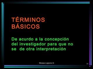 Moises Logrono G
TÉRMINOS
BÁSICOS
De acurdo a la concepción
del investigador para que no
se de otra interpretación
14
 
