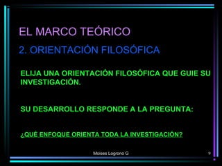 EL MARCO TEÓRICO
2. ORIENTACIÓN FILOSÓFICA
ELIJA UNA ORIENTACIÓN FILOSÓFICA QUE GUIE SU
INVESTIGACIÓN.
SU DESARROLLO RESPONDE A LA PREGUNTA:
¿QUÉ ENFOQUE ORIENTA TODA LA INVESTIGACIÓN?
Moises Logrono G 9
 