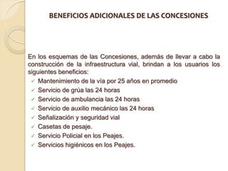 BENEFICIOS ADICIONALES DE LAS CONCESIONES




En los esquemas de las Concesiones, además de llevar a cabo la
construcción de la infraestructura vial, brindan a los usuarios los
siguientes beneficios:
  Mantenimiento de la vía por 25 años en promedio
  Servicio de grúa las 24 horas
  Servicio de ambulancia las 24 horas
  Servicio de auxilio mecánico las 24 horas
  Señalización y seguridad vial
  Casetas de pesaje.
  Servicio Policial en los Peajes.
  Servicios higiénicos en los Peajes.
 