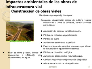 Impactos ambientales de las obras de
    infraestructura vial
        Construcción de obras viales
                                    Manejo de capa vegetal y descapote

                                      Descapote: desaparición radical de cubierta vegetal
                                        ubicada en la zona de calzadas, bermas y cortes
                                        proyectados.

                                       Afectación del espesor variable de suelo   .
                                       Pérdida de cobertura vegetal rasante
                                       Pérdida de suelo
      Infraestructura vial
                                       Aumento de escorrentía superficial
                                       Favorecimiento de especies invasores que alteran
                                        la estructura del equilibrio ecosistémico
    Flujo de tierra y lodos, debido a Pérdida de diversidad biológica.
     escorrentías o infiiltración por Aumento de presión sobre recurso bosque.
     represamiento de aguas.
                                       Cambios negativos en la percepción del paisaje.
                                       Alteración de zonas de recarga hídrica
                                               23/11/2012                                 125
 