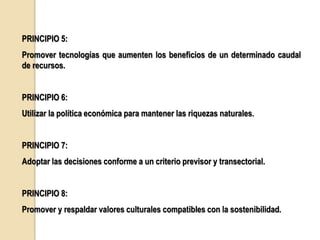 PRINCIPIO 5:
Promover tecnologías que aumenten los beneficios de un determinado caudal
de recursos.


PRINCIPIO 6:
Utilizar la política económica para mantener las riquezas naturales.


PRINCIPIO 7:
Adoptar las decisiones conforme a un criterio previsor y transectorial.


PRINCIPIO 8:
Promover y respaldar valores culturales compatibles con la sostenibilidad.
 