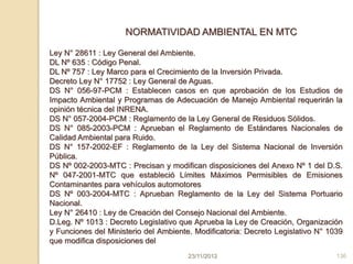 NORMATIVIDAD AMBIENTAL EN MTC

Ley N° 28611 : Ley General del Ambiente.
DL Nº 635 : Código Penal.
DL Nº 757 : Ley Marco para el Crecimiento de la Inversión Privada.
Decreto Ley N° 17752 : Ley General de Aguas.
DS N° 056-97-PCM : Establecen casos en que aprobación de los Estudios de
Impacto Ambiental y Programas de Adecuación de Manejo Ambiental requerirán la
opinión técnica del INRENA.
DS N° 057-2004-PCM : Reglamento de la Ley General de Residuos Sólidos.
DS N° 085-2003-PCM : Aprueban el Reglamento de Estándares Nacionales de
Calidad Ambiental para Ruido.
DS N° 157-2002-EF : Reglamento de la Ley del Sistema Nacional de Inversión
Pública.
DS Nº 002-2003-MTC : Precisan y modifican disposiciones del Anexo Nº 1 del D.S.
Nº 047-2001-MTC que estableció Límites Máximos Permisibles de Emisiones
Contaminantes para vehículos automotores
DS Nº 003-2004-MTC : Aprueban Reglamento de la Ley del Sistema Portuario
Nacional.
Ley N° 26410 : Ley de Creación del Consejo Nacional del Ambiente.
D.Leg. Nº 1013 : Decreto Legislativo que Aprueba la Ley de Creación, Organización
y Funciones del Ministerio del Ambiente. Modificatoria: Decreto Legislativo N° 1039
que modifica disposiciones del
                                       23/11/2012                                136
 