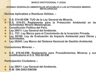 MARCO INSTITUCIONAL Y LEGAL

    NORMAS GENERALES AMBIENTALES APLICABLES A LAS ACTIVIDADES MINERO-
                            METALÚRGICAS:

Normas Aplicables a Residuos Sólidos .-

     D.S. 014-92-EM: TUO de la Ley General de Minería.
     D.S. 016-93: Reglamento para la Protección Ambiental en las
      Actividades Minero Metalúrgicas.
     Constitución Política del Perú.
     Ley 28611: Ley General del Ambiente.
     D.L. 757: Ley Marco para el Crecimiento de la Inversión Privada.
     Ley 26786: Ley de Evaluación de Impacto Ambiental para Obras y
      Actividades.
     Ley 28245: Ley Marco del Sistema Nacional de Gestión Ambiental.

Concesiones Mineras .-

     D.S. 018-92-EM: Reglamento para Procedimientos Mineros y sus
      modificatoria el D.S. 052-92-EM.

Participación Ciudadana .-

     Ley 28611: Ley General del Ambiente.
     R.M. 596-2002-EM/DM
 