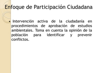 Enfoque de Participación Ciudadana

 • Intervención activa de la ciudadanía en
  procedimientos de aprobación de estudios
  ambientales. Toma en cuenta la opinión de la
  población para identificar y prevenir
  conflictos.
 