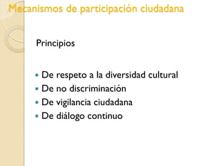 Mecanismos de participación ciudadana


     Principios


      De respeto a la diversidad cultural
      De no discriminación
      De vigilancia ciudadana
      De diálogo continuo
 