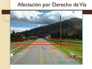 Afectación por Derecho de Vía




           Derecho de Vía

   15 m.                 15 m.
                      Eje de vía



                               Berma 0,50 m
 