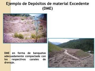 Ejemplo de Depósitos de material Excedente
                   (DME)

                               Disposición inadecuada de
                               material excedente.




DME en forma de banquetas
adecuadamente compactado con
los respectivos canales de
drenaje.
 