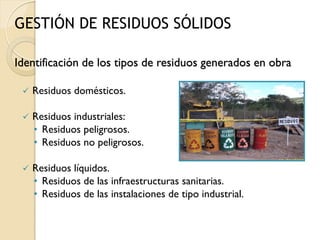 GESTIÓN DE RESIDUOS SÓLIDOS

Identificación de los tipos de residuos generados en obra

    Residuos domésticos.

    Residuos industriales:
     • Residuos peligrosos.
     • Residuos no peligrosos.

    Residuos líquidos.
     • Residuos de las infraestructuras sanitarias.
     • Residuos de las instalaciones de tipo industrial.
 