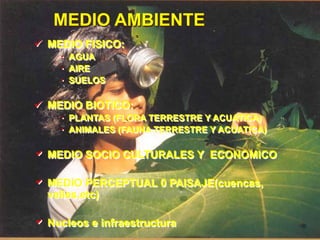 MEDIO AMBIENTE
 MEDIO FISICO:
      AGUA
      AIRE
      SUELOS

 MEDIO BIOTICO:
      PLANTAS (FLORA TERRESTRE Y ACUATICA)
      ANIMALES (FAUNA TERRESTRE Y ACUATICA)

 MEDIO SOCIO CULTURALES Y ECONOMICO

 MEDIO PERCEPTUAL 0 PAISAJE(cuencas,
  valles,etc)

 Nucleos e infraestructura
 