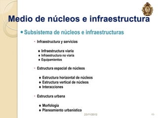 Medio de núcleos e infraestructura
   Subsistema de núcleos e infraestructuras
        Infraestructura y servicios

          Infraestructura viaria
          Infraestructura no viaria
          Equipamientos

        Estructura espacial de núcleos

           Estructura horizontal de núcleos
           Estructura vertical de núcleos
           Interacciones

        Estructura urbana

           Morfología
           Planeamiento urbanístico
                                       23/11/2012   49
 