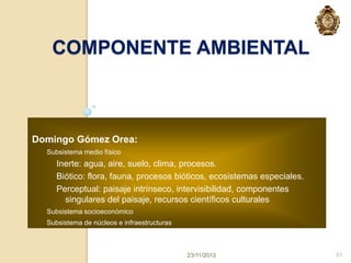 COMPONENTE AMBIENTAL



Domingo Gómez Orea:
  Subsistema medio físico
     Inerte: agua, aire, suelo, clima, procesos.
     Biótico: flora, fauna, procesos bióticos, ecosistemas especiales.
     Perceptual: paisaje intrínseco, intervisibilidad, componentes
       singulares del paisaje, recursos científicos culturales
  Subsistema socioeconómico
  Subsistema de núcleos e infraestructuras



                                             23/11/2012                  51
 