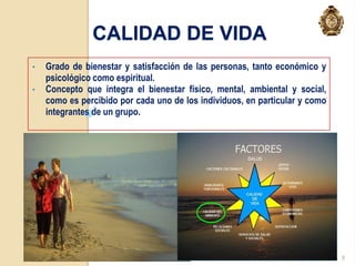 CALIDAD DE VIDA
•   Grado de bienestar y satisfacción de las personas, tanto económico y
    psicológico como espiritual.
•   Concepto que integra el bienestar físico, mental, ambiental y social,
    como es percibido por cada uno de los individuos, en particular y como
    integrantes de un grupo.




                                       23/11/2012                            8
 