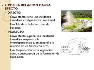    7. POR LA RELACION CAUSA
    EFECTO
    ◦ DIRECTO.
        Cuyo efecto tiene una incidencia
         inmediata en algún factor ambiental.
        Ejm. Tala de árboles en zona de
         bosques.
    ◦ INDIRECTO
        Cuyo efecto supone una incidencia
         inmediata respecto a la
         interdependencia o, en general a la
         relación de un factor con otro.
        Ejm. Degradación de la vegetación
         como consecuencia de la formación de
         lluvia ácida.
 