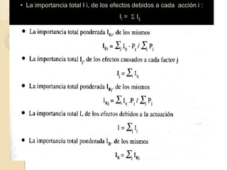 • La importancia total I i, de los efectos debidos a cada acción i :
                                    Ii =  Iij
 