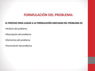 FORMULACIÓN DEL PROBLEMA:
EL PROCESO PARA LLEGAR A LA FORMULACIÓN ADECUADA DEL PROBLEMA ES:
•Análisis del problema
•Descripción del problema
•Elementos del problema
•Formulación del problema
 