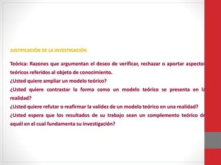 JUSTIFICACIÓN DE LA INVESTIGACIÓN
Teórica: Razones que argumentan el deseo de verificar, rechazar o aportar aspectos
teóricos referidos al objeto de conocimiento.
¿Usted quiere ampliar un modelo teórico?
¿Usted quiere contrastar la forma como un modelo teórico se presenta en la
realidad?
¿Usted quiere refutar o reafirmar la validez de un modelo teórico en una realidad?
¿Usted espera que los resultados de su trabajo sean un complemento teórico de
aquél en el cual fundamenta su investigación?
 
