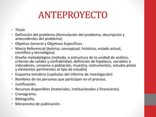 ANTEPROYECTO
• Título
• Definición del problema (formulación del problema, descripción y
antecedentes del problema)
• Objetivo General y Objetivos Específicos
• Marco Referencial (teórico, conceptual, histórico, estado actual,
científico y tecnológico)
• Diseño metodológico (método, o estructura de la unidad de análisis,
criterios de validez y confiabilidad, definición de hipótesis, variables e
indicadores, universo o población, muestra, instrumentos, estudio piloto
y elementos pertinentes al tipo de estudio)
• Esquema temático (capítulos del informe de investigación)
• Nombres de las personas que participan en el proceso.
• Justificación.
• Recursos disponibles (materiales, institucionales y financieros)
• Cronograma.
• Bibliografía.
• Mecanismo de publicación.
 