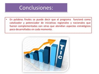 Conclusiones:
• En palabras finales se puede decir que el programa funcionó como
catalizador y potenciador de iniciativas regionales y nacionales que
fueron complementadas con otras que atendían aspectos estratégicos
poco desarrollados en cada momento.
 