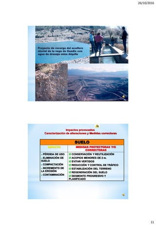 26/10/2016
11
Proyecto de recarga del acuífero
aluvial de la vega de Guadix con
agua de drenaje mina Alquife
SUELO
IMPACTO MEDIDAS PROTECTORAS Y/O
CORRECTORAS
 PÉRDIDA DE USO
 ELIMINACIÓN DE
SUELO
 COMPACTACIÓN
 INCREMENTO DE
LA EROSIÓN
 CONTAMINACIÓN
 CONSERVACIÓN Y REUTILIZACIÓN
 ACOPIOS MENORES DE 2 m.
 EVITAR VERTIDOS
 REDUCCIÓN Y CONTROL DE TRÁFICO
 ESTABILIZACIÓN DEL TERRENO
 REGENERACIÓN DEL SUELO
 DESMONTE PROGRESIVO Y
PLANIFICADO
Impactos provocados
Caracterización de alteraciones y Medidas correctoras
 