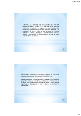26/10/2016
25
CATEGORIA 2: ESTUDIO DE EVALUACION DE IMPACTO
AMBIENTAL ANALITICO ESPECIFICO, nivel que por el grado de
incidencia de efectos en algunos de los atributos del
ecosistema considera en sus estudios el análisis detallado y la
evaluación de uno o más de los factores del sistema
ambiental: físico, biológico, socio-económico-cultural,
jurídico - institucional; así como el análisis general del resto
de los factores del sistema.
CATEGORIA 2: Aquellos que requieren un Estudio de Evaluación
de Impacto Ambiental (EEIA) ANALITICO ESPECIFICO.
Estarán sometidos a un EEIA ANALITICO ESPECIFICO todos los
proyectos, obras o actividades, públicos o privados que de
acuerdo con la metodología de IIA de la FA, causen efectos
significativos al ambiente en uno o algunos de los factores
ambientales.
 