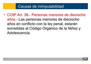 Causas de inimputabilidad
• COIP Art. 38.- Personas menores de dieciocho
años.- Las personas menores de dieciocho
años en conflicto con la ley penal, estarán
sometidas al Código Orgánico de la Niñez y
Adolescencia.
12
 