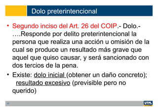 Dolo preterintencional
• Segundo inciso del Art. 26 del COIP.- Dolo.-
….Responde por delito preterintencional la
persona que realiza una acción u omisión de la
cual se produce un resultado más grave que
aquel que quiso causar, y será sancionado con
dos tercios de la pena.
• Existe: dolo inicial (obtener un daño concreto);
resultado excesivo (previsible pero no
querido)
17
 