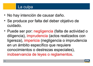 La culpa
• No hay intención de causar daño.
• Se produce por falta del deber objetivo de
cuidado.
• Puede ser por: negligencia (falta de actividad o
diligencia), imprudencia (actos realizados con
ligereza), impericia (negligencia o imprudencia
en un ámbito específico que requiere
conocimientos o destrezas especiales),
inobservancia de leyes o reglamentos.
19
 